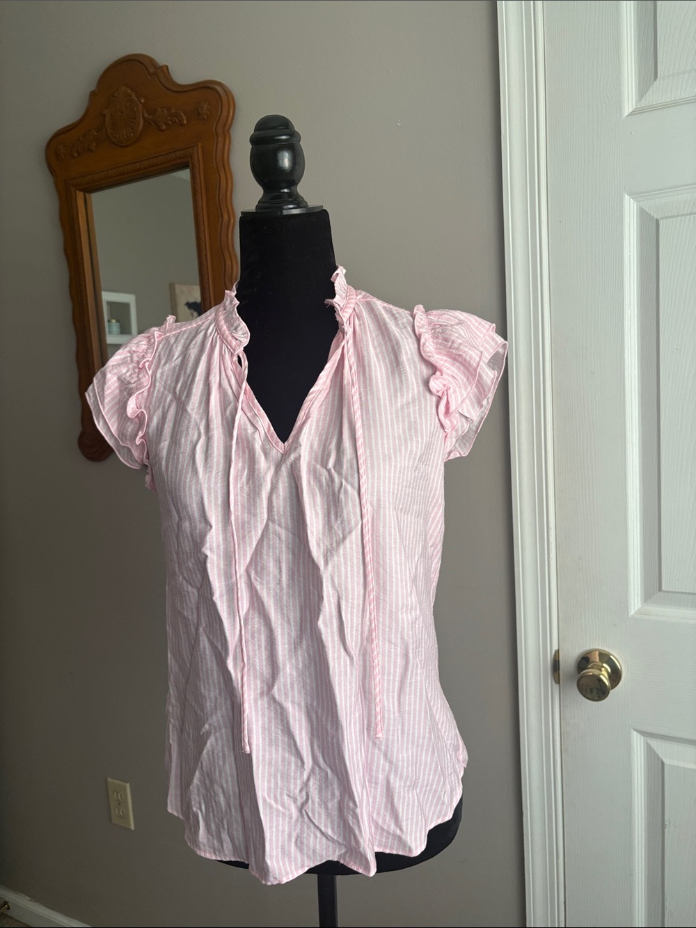 Light Pink Striped Ruffle Sleeve Blouse